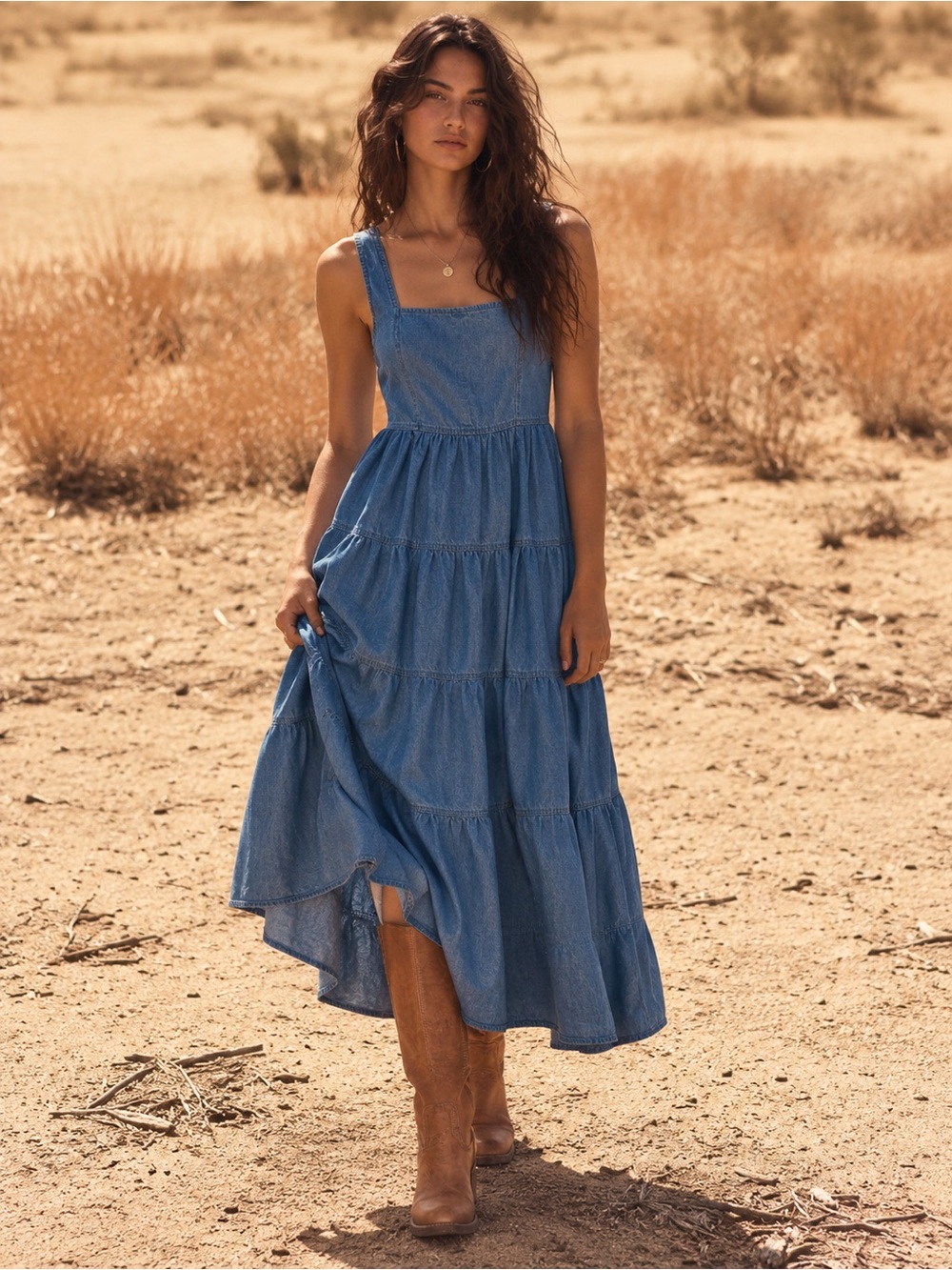 J Crew Tiered Denim Squareneck Dress